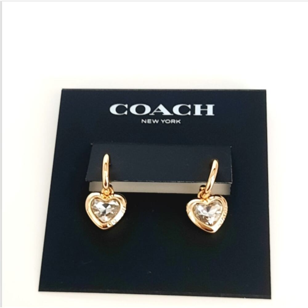 Coach Signed Gold Tone Huggie Hoop Post Earrings Clear Crystal Heart Dangle NWT